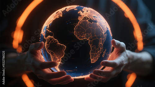 Hands holding illuminated global network sphere