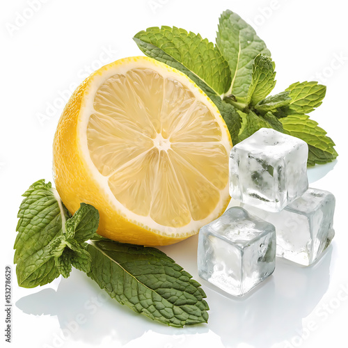 Zesty Freshness: a vibrant composition showcasing the refreshing combination of a bright yellow lemon, fragrant mint leaves, and icy cubes, ideal for summer drinks. 