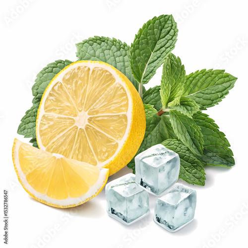 Lemon, Mint, and Ice Cubes: A refreshing composition of citrus, mint, and ice cubes, bursting with vibrant flavors, perfect for a hot summer day.