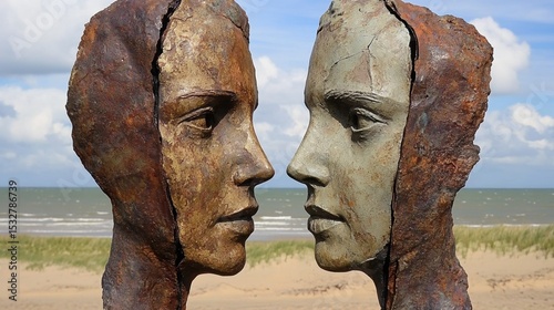 Rustic beach sculpture of two facing human profiles against ocean backdrop