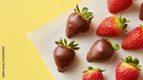 Delicious chocolate-covered strawberries on vibrant yellow background