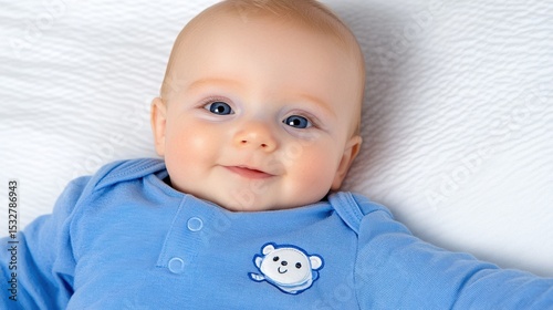 Adorable baby in blue outfit smiling on white blanket