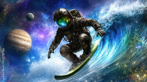 Astronaut surfing cosmic waves in colorful space adventure scene