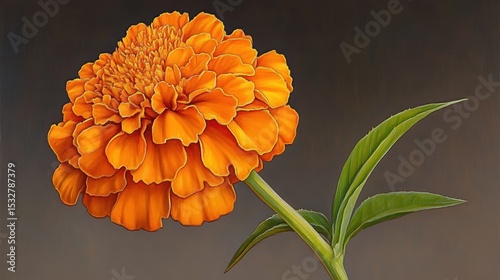 Vibrant orange marigold bloom with lush green leaves on a dark background
