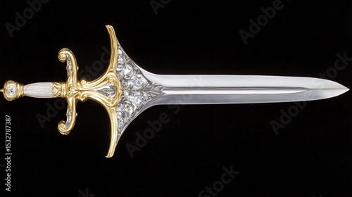 Elegant medieval sword with ornate gold and silver detailing on black background