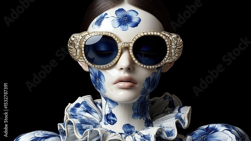 Porcelain fashion model with floral patterns and ornate sunglasses