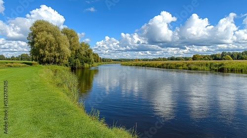 Serene river landscape with lush greenery and fluffy clouds