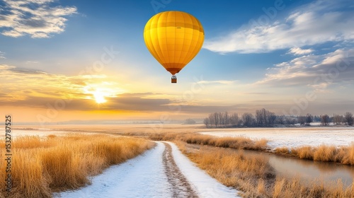 Vibrant yellow hot air balloon at sunrise over snowy countryside