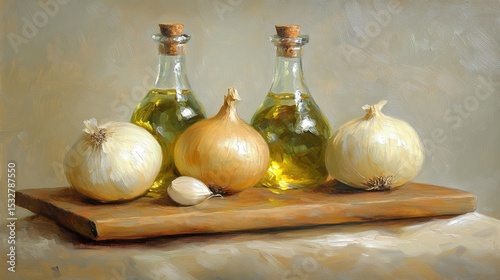 Rustic kitchen scene with onions, garlic, and olive oil on wooden board