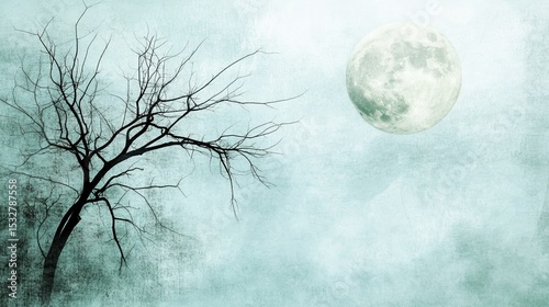 Mystical full moon with silhouetted bare tree in ethereal sky
