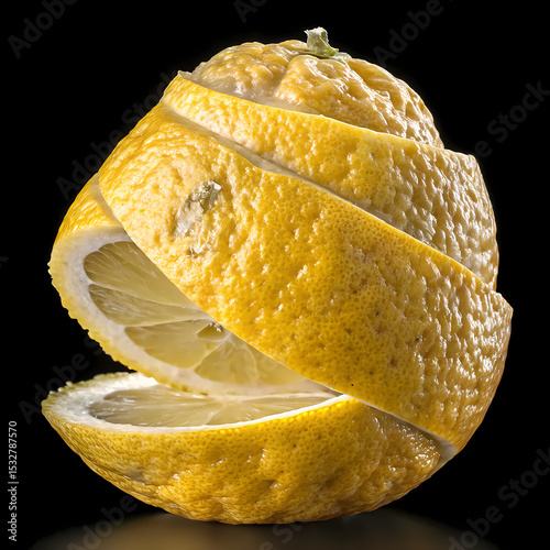 Lemon peel swirl: A macro shot captures a peeled lemon, the skin artfully spiraling around the citrus fruit with a vibrant play of light and shadow.