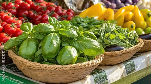 Fresh organic vegetables and herbs displayed in baskets at a farmer's market