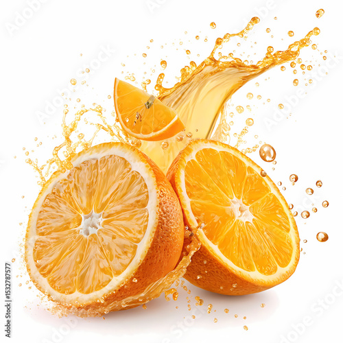 Citrus Burst: A vibrant capture of oranges, showcasing their juicy essence as a splash of juice emanates in this photo