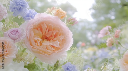 Pastel garden bloom with roses and soft light