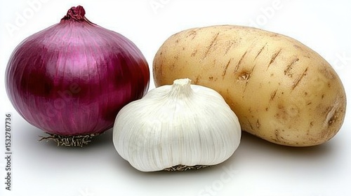 Fresh red onion, garlic bulb, and potato on white background