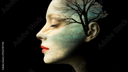 Surreal female portrait with tree silhouette and nature elements