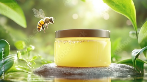 Bee approaching honey jar in lush greenery - natural beauty and organic freshness