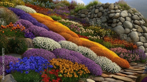 Vibrant flower garden with multicolored blossoms and stone pathway