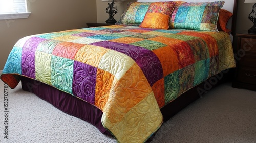 Colorful patchwork quilt on cozy bed with vibrant patterns