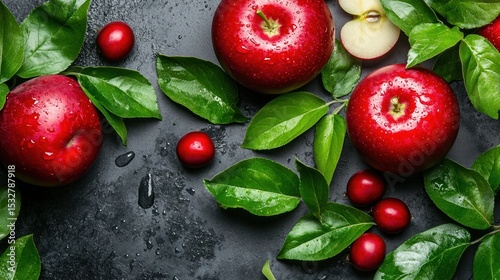 Fresh red apples and green leaves on dark background