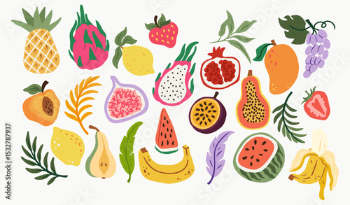 Colorful tropical fruit vector set with hand-drawn papaya, banana, dragon fruit, fig, mango, lemon, pear, pomegranate, watermelon, strawberry, grape, and decorative leaves and branches