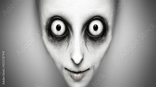 Eerie wide-eyed stare: minimalistic monochrome surreal face portrait
