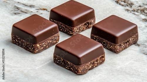 Delicious handmade chocolate squares with nutty base on marble surface
