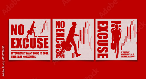 Red Business Motivation Poster – No Excuses Typography with Stock Candles