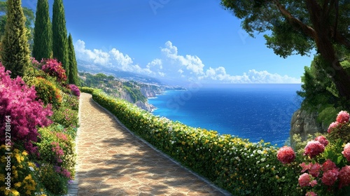 Scenic coastal pathway with vibrant flowers and ocean view