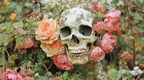 Skull surrounded by vibrant roses and wildflowers in nature setting