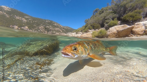 Underwater view of trout in crystal clear river amidst rocky landscape