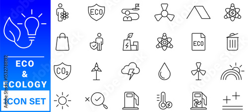 Ecology icon set. Environment, sustainability, nature, recycle, renewable energy; electric bike, eco-friendly, forest, wind power, green symbol. Solid icons vector collection