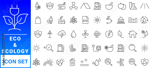 Ecology icon set. Environment, sustainability, nature, recycle, renewable energy; electric bike, eco-friendly, forest, wind power, green symbol. Solid icons vector collection