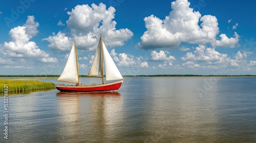 Tranquil sailboat on serene lake under blue sky with clouds