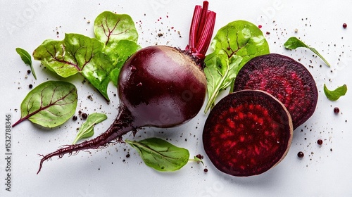 Fresh beetroots with sliced halves and green leaves on white background