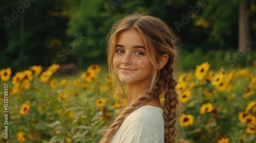 Young woman with braided hair in a sunflower field at golden hour
