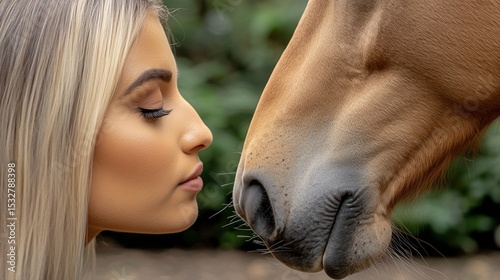 Close connection: woman and horse nose-to-nose in nature