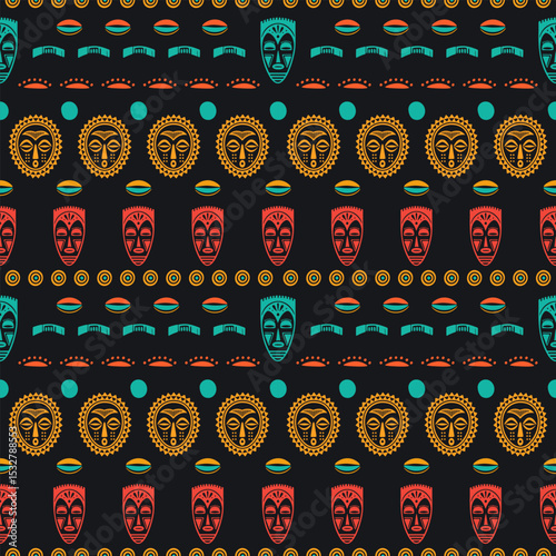 African vibrant tribal mask seamless pattern illustration with colorful designs in red, yellow, and blue on dark background, highlighting cultural artistry and intricate details. Vector art