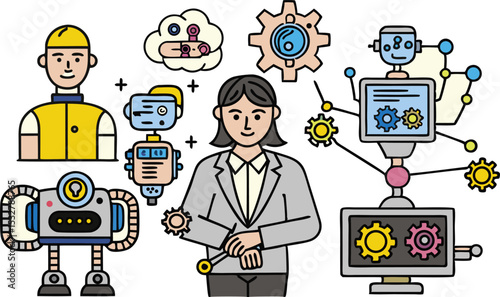 Human and robot collaboration technology illustration isolated on white background isolated on transparent background