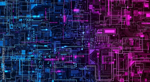 Abstract Digital Circuitry Neon Pink and Blue Tech Background