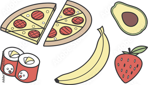 Delightful Food Icons Pizza Strawberry Banana Sushi Design Elements