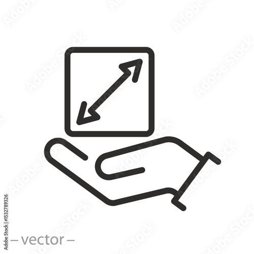portable size icon, square with size arrows in hand, small object, linear sign isolated on white background - editable vector illustration eps10