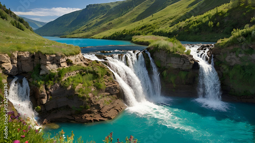 
parallel waterfalls plunging from a cliffside into a turquoise lake below, surrounded by green hills dotted with wildflowers, with a wooden bridge crossing the misty basin.
