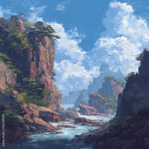 Serene coastal vista; red cliffs, lush green vegetation, a meandering waterway, and a bright, partly cloudy sky create a tranquil, picturesque scene