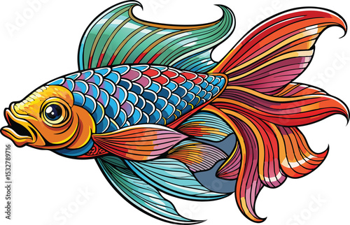 Colorful Tropical Jumping Fish Vector – Funny Stylized Illustration with Bold Lines and Intricate Detail