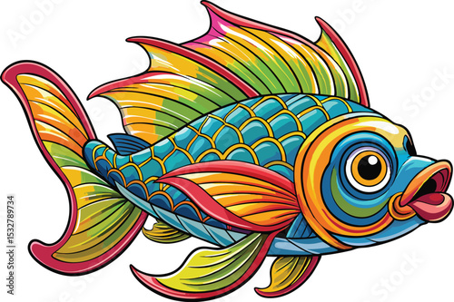 Colorful Tropical Jumping Fish Vector – Funny Stylized Illustration with Bold Lines and Intricate Detail