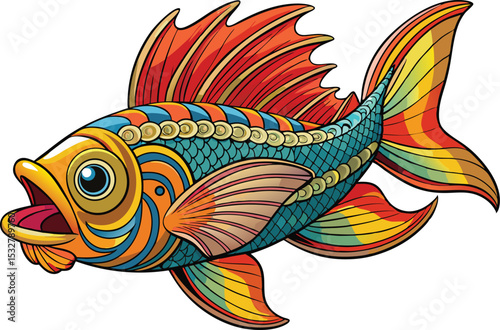 Colorful Tropical Jumping Fish Vector – Funny Stylized Illustration with Bold Lines and Intricate Detail