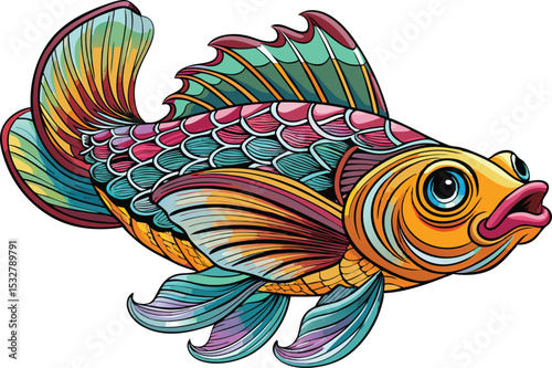 Colorful Tropical Jumping Fish Vector – Funny Stylized Illustration with Bold Lines and Intricate Detail
