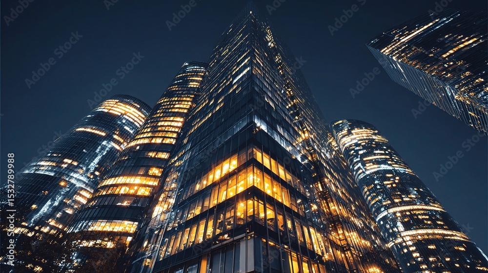 Obraz premium Illuminated High Rise Office Building at Dusk in Urban Cityscape