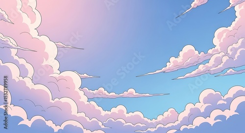 Pastel Pink and Blue Sky with Fluffy Clouds Dreamy Cloudscape Illustration